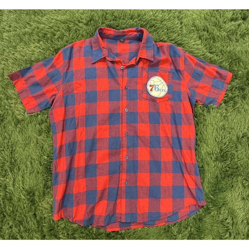 Philadelphia 76ers NBA Large Red Blue Plaid Short Sleeve Button Up Shirt